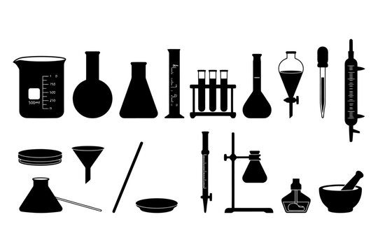 Silhouettes of laboratory equipment - beakers, pipettes, and flasks.