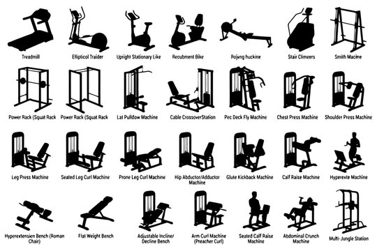 Silhouette collection of gym equipment and exercise machines.