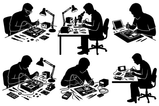 Silhouette of technicians repairing electronic devices in various workstations.