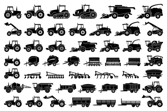 Silhouettes of various farming equipment and machinery icons.