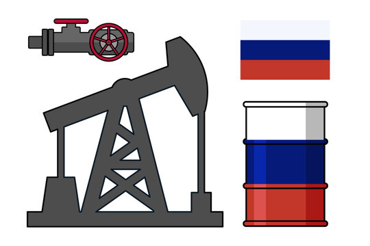 Russia oil industry vector elements set with national flag, petroleum barrel, pump jack and pipeline valve