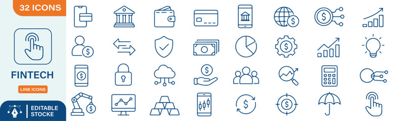 Fototapeta premium 32 Fintech Vector Outline Icons Set – Financial Technology, Digital Banking, Mobile Payment, E-Commerce and Online Money Line Symbols Collection