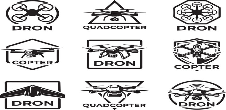 Drone and quadcopter logo set, collection of unmanned aerial vehicle badges and tech symbols in black and white vector illustration