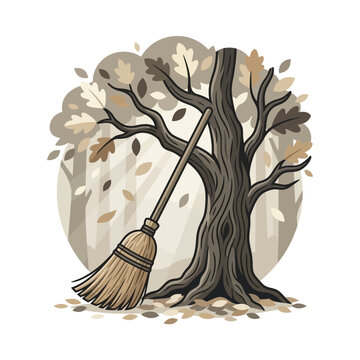 Rustic broom leaning against a large autumn tree trunk.
