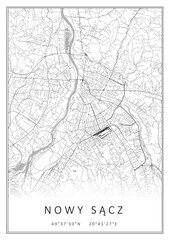Obraz premium Czarno-biała mapa Nowy Sącz, plakat, tapeta, Polska