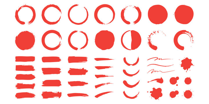 Set of red brush strokes and hand drawn circle shapes for design elements