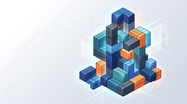 Abstract 3d geometric shapes assembled as puzzle blocks, symbolizing data structure, organization, and complexity.