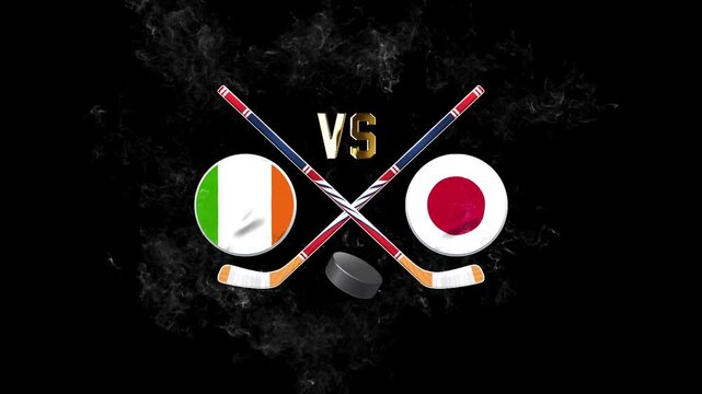 Ireland Japan Hockey Match Design with National Flags and Crossed Hockey Sticks