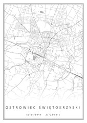 Czarno-biała mapa Ostrowiec Świętokrzyski, plakat, tapeta, Polska © Marek