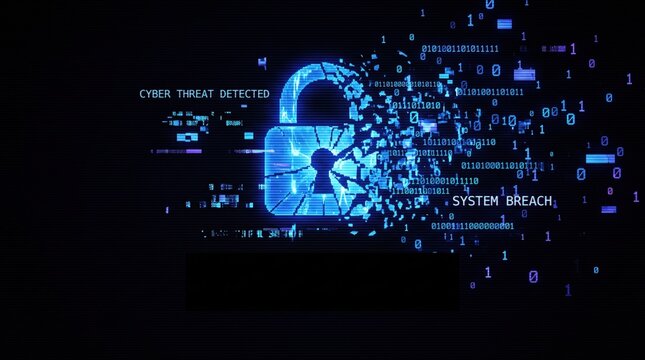 glowing blue padlock shattering into binary code. cyber threat detected, system breach. hacked password, data leak, network vulnerability concept. banner, website header with copyspace.