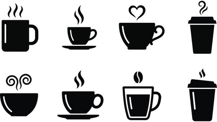 Obraz premium Coffee cup icons set. Black silhouette collection of hot beverage mugs and takeaway cups.