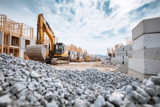 Pile of crushed stones and gravel debris for build. Excavator digs ground near house framing. Residential construction site heavy machinery rental, quarry mineral materials supply industry banner.