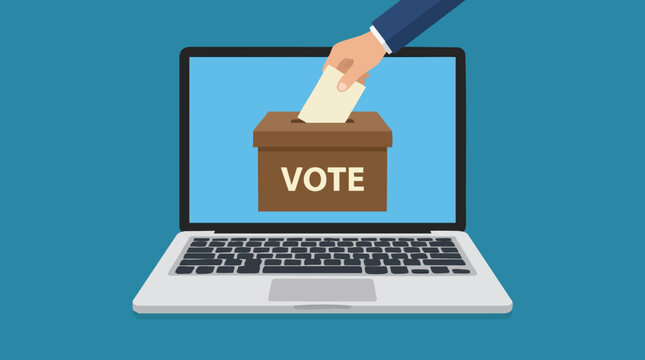 Online voting concept with hand casting ballot on a laptop screen