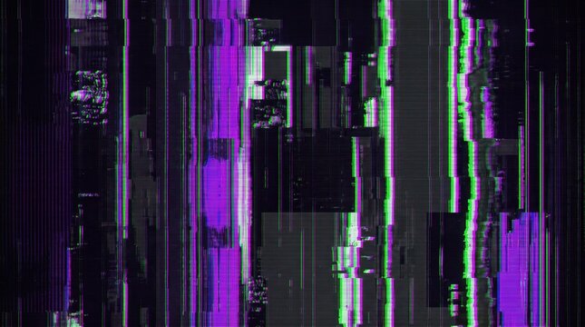 abstract digital glitch background with purple and green pixel noise. cyberpunk screen error, vhs tracking distortion and technology malfunction concept. copyspace, banner, website header.