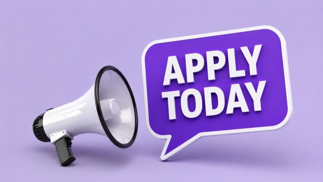White megaphone beside purple speech bubble featuring text apply today on a soft purple studio backdrop.