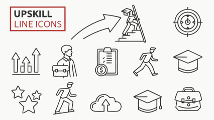 Fototapeta premium Set of vector outline icons representing career advancement, education, professional upskilling, and business success