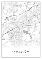 Czarno-biała mapa Pruszków, plakat, tapeta, Polska © Marek