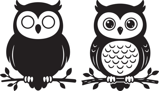 Set of two stylized owl silhouettes perched on branches cartoon vector with silhouette wildlife illustration minimalist contrast