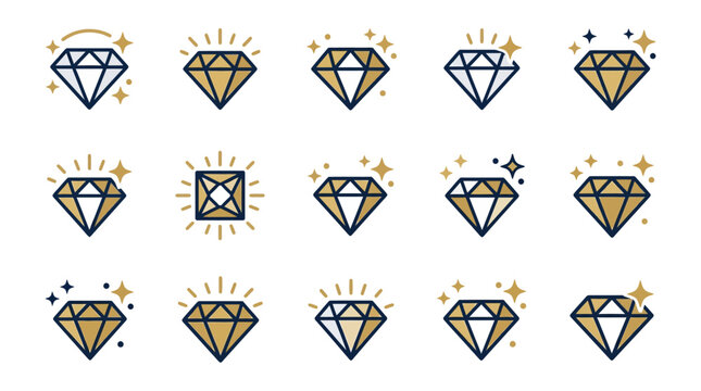 Decorative blue and gold diamond gemstone icon set.