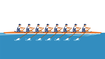 A team of rowers moves a long boat across blue water © Deni