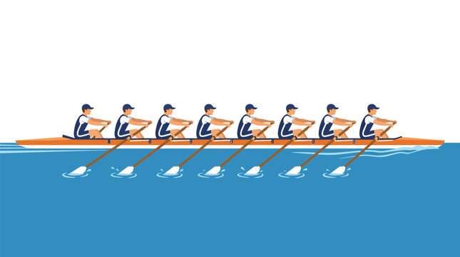 A team of rowers moves a long boat across blue water