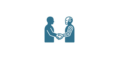 Fototapeta premium A symbolic icon showing a human and a robot shaking hands representing artificial intelligence collaboration.