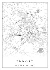 Czarno-biała mapa Zamość, plakat, tapeta, Polska © Marek