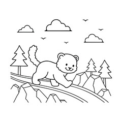 Cute cartoon bear cub walking on a mountain path in a beautiful forest landscape coloring page © Rabiul