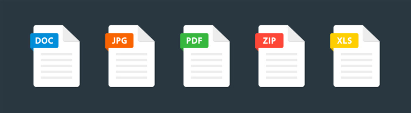 File type icons. Set of pdf, doc, jpg, xls, zip. Collection colored icons for download on computer. Graphic templates for ui. Document types in flat style. Vector illustration. EPS 10