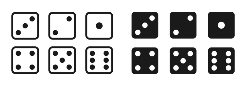 Game dice set isolated on white background. Set of dice in flat and linear design from one to six. Traditional game die with marked with different numbers of dots or pips from 1 to 6. Vector