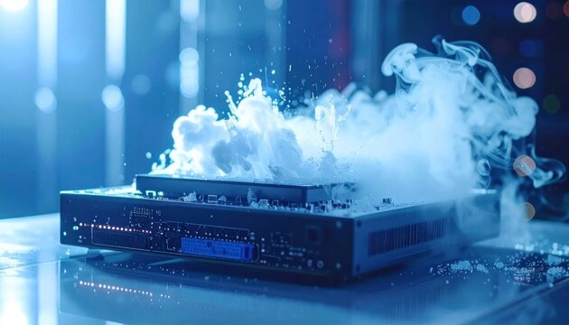 Overheated electronic device emitting thick white smoke.