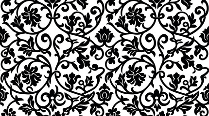 Seamless black and white floral damask pattern with intricate swirls and vintage botanical elements for textile design © Anamul Haque  Munna