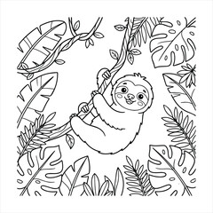 Cute cartoon sloth hanging from a tropical jungle vine surrounded by exotic monstera and palm leaves coloring page © Rabiul