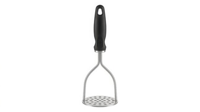 Manual potato masher with black ergonomic handle for kitchen food preparation vegetable culinary cookingware kitchenware houseware equipment gastronomy restaurant potatoes vegetables