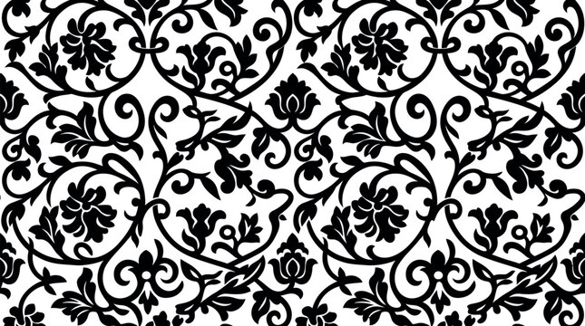 Seamless black and white floral damask pattern with intricate swirls and vintage botanical elements for textile design