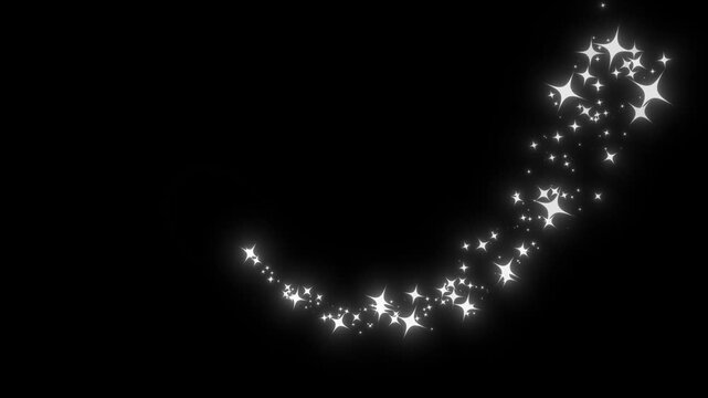 Glowing glitter burst sparkle effect overlay, glittering dust trail, forming smooth light streaks and shimmering particle motion, glitter confetti trail on black screen background, 4k