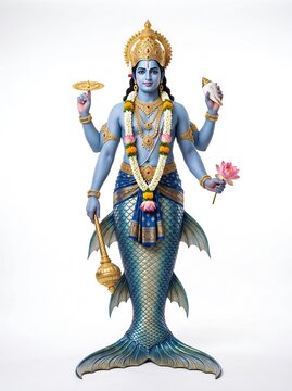 Matsya Avatar Lord Vishnu with Traditional Attributes Conch, Chakra, and Mace