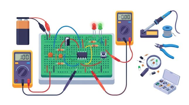 Hands-on electronics lesson with circuit board assembly. STEM education project showing wiring, components, and testing tools in action.