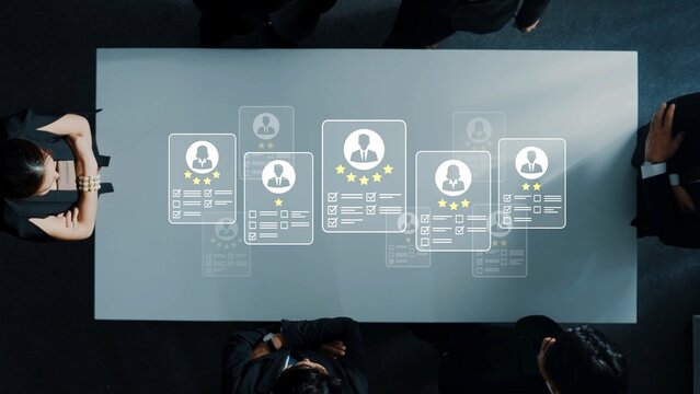Business Professionals Discussing Digital Profiles and Ratings in Modern Office Setting, Highlighting Importance of Feedback and Worker Evaluation Processes Gluon.