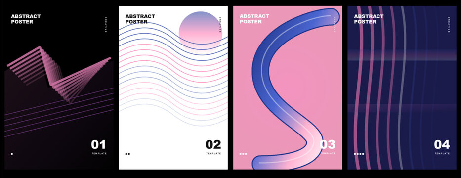 Set of abstract posters with geometric shapes, wavy lines, and vibrant gradients in purple, blue, and pink color palette