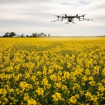 Large multi-rotor drone flying over a field of yellow flowers.