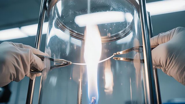 Hands in lab manipulate glass chamber with glowing flame.