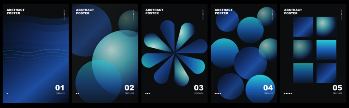 Set of abstract posters with blue and green gradient shapes, modern geometric design templates for business or event