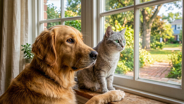 cat and dog looking outside waiting for owner