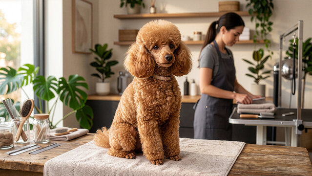 a well-groomed, apricot-colored poodle in pet grooming studio