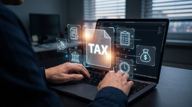 Hands typing on laptop keyboard with tax document and financial icons interface for online tax return filing concept