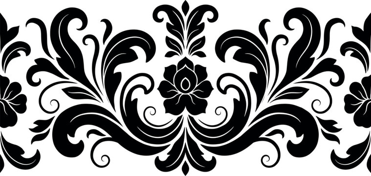 Seamless decorative border with elegant black floral damask patterns on a white background for design projects