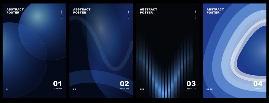 Set of four abstract posters with blue gradient shapes, modern geometric design templates for business or creative use