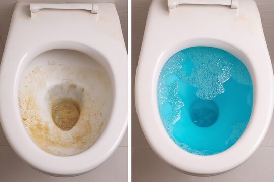 Dirty and clean toilet before and after cleaning