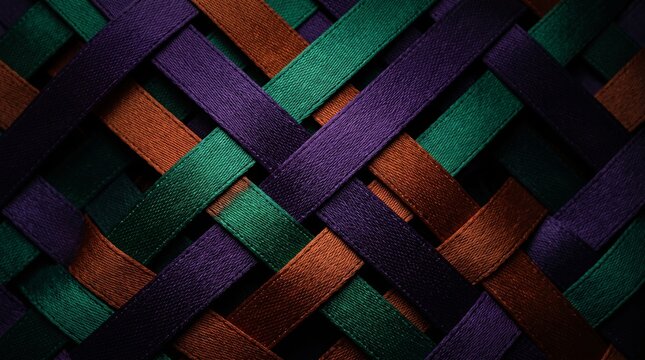 Woven Ribbons Background with Purple Green and Copper Orange Fabric Texture for Elegant Design